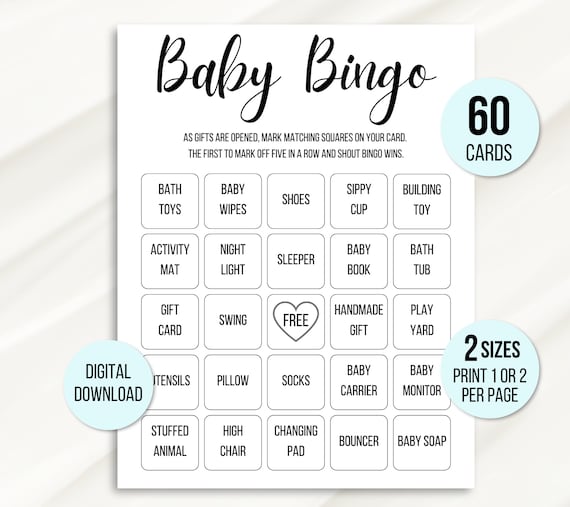 60 Baby Shower Bingo Cards, Unique Prefilled Baby Bingo Game Cards, Baby Gift Bingo Cards, Baby Shower Bingo Game, Minimalist Baby Bingo 1