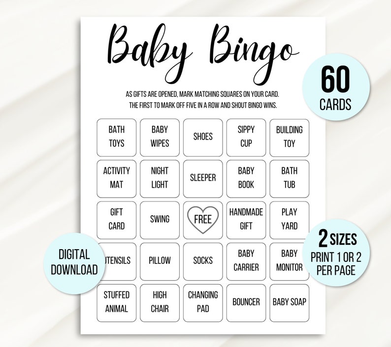 Pu&ograve; includere: Una scheda di bingo per bambini stampabile con 60 schede. La scheda ha una griglia di 25 quadrati con oggetti per bambini come giocattoli da bagno, salviette per bambini, bicchieri con beccuccio e giocattoli da costruzione. La scheda &egrave; in bianco e nero con il titolo in nero "Baby Bingo".