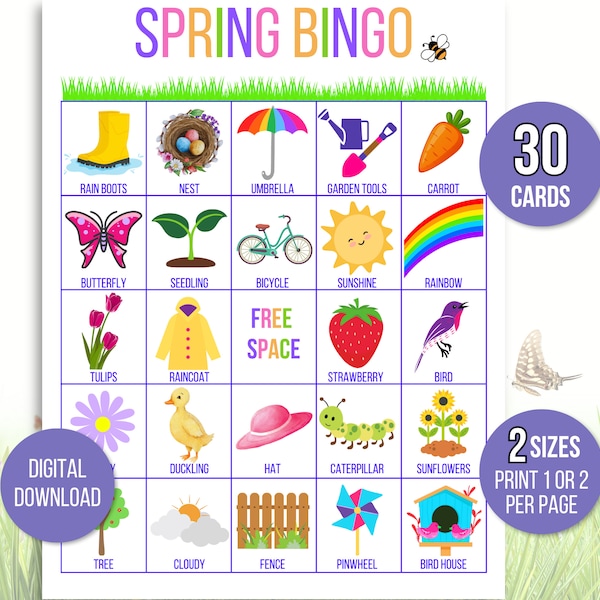 Bingo du printemps à imprimer, 30 cartes de bingo du printemps, activité printanière pour les enfants, jeu de fête printanier pour enfants, activité printanière dans la classe, jeu printanier