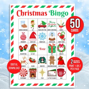 Weihnachtsbingo, 50 Weihnachtsbingokarten, Weihnachtsaktivität, Kinderweihnachtsfeierspiel, Weihnachtsklassenzimmer Aktivität, niedliches Weihnachtsbingo