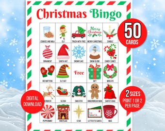 May include: A printable Christmas Bingo card with 50 cards included. The card features a grid of 25 squares with various Christmas-themed images and words, such as cookies and milk, elf, truck with tree, merry Christmas, candle, ornament, Santa hat, snowflake, snow globe, candy canes, red mittens, elf hat, free, gift, wreath, reindeer, sleigh, sweater, gingerbread man, Santa's bag, peppermint, fireplace, star, letter to Santa, and mug.