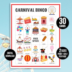 Bingo de carnaval, juego de carnaval, actividad de fiesta de carnaval, imprimible de carnaval, juego de fiesta de carnaval de circo, fiesta de cumpleaños de circo, bingo de circo