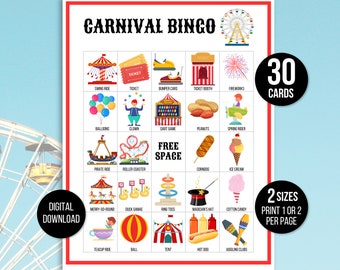 Bingo du carnaval, Jeu de carnaval, Activité de fête de carnaval, Carnaval à imprimer, Jeu de fête de carnaval de cirque, Fête d'anniversaire de cirque, Bingo du cirque