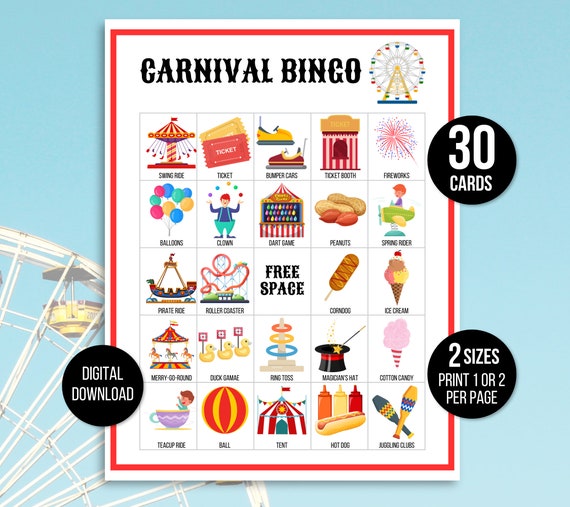 Carnval Bngo Cards, Prntable Crcus Party Game, Ncludes Full And