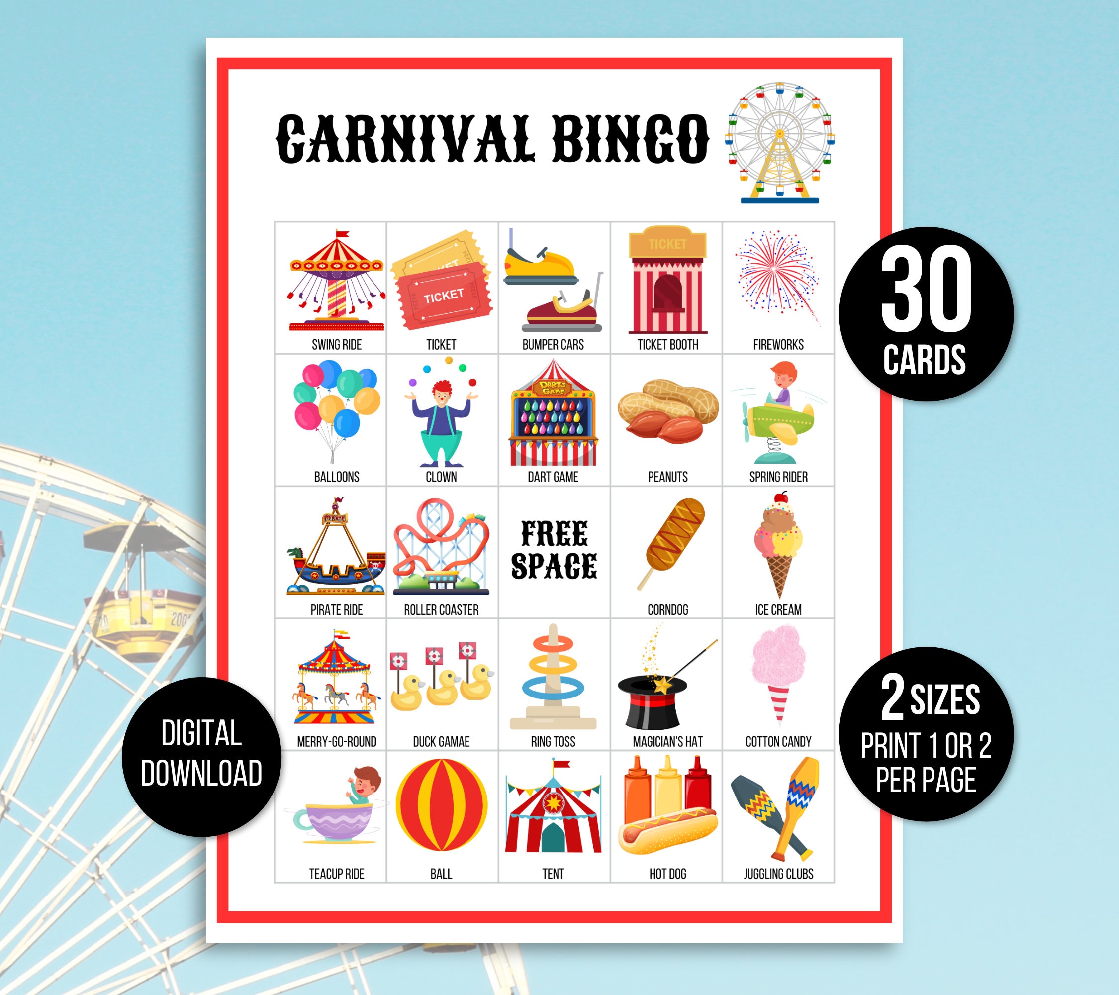 Carnval Bngo Cards, Prntable Crcus Party Game, Ncludes Full And