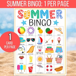 K&ouml;nnte beinhalten: Eine bunte Sommer-Bingo-Karte mit Bildern von typischen Sommeraktivit&auml;ten und -gegenst&auml;nden, wie einem Strandball, einem Schwimmbad, einer Sonnenbrille, einem Segelboot, einer Angelrute, Eiscreme, Schnorchelausr&uuml;stung, einer Wasserrutsche, Koffern, Shorts, einem Grill, Limonade, Sonnenschein, einem Picknickkorb, einer Strandtasche, Eis am Stiel, einem Eimer, einem Sonnenschirm, einem Rettungsring und einem Hotdog. Die Karte tr&auml;gt oben den Schriftzug "SUMMER BINGO" und in der Mitte "FREE SPACE".