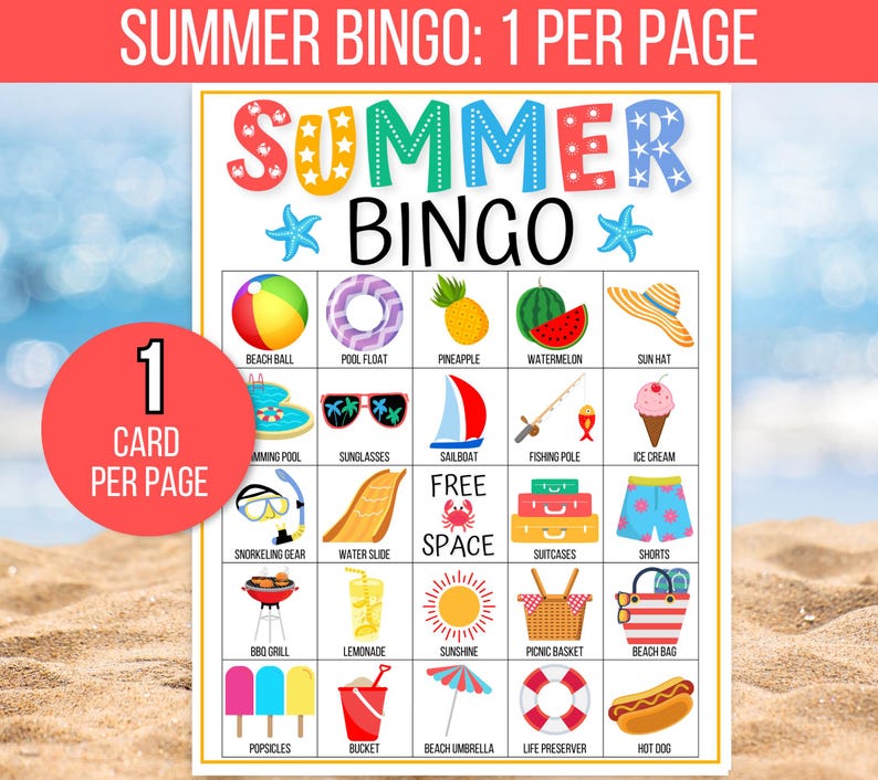 K&ouml;nnte beinhalten: Eine bunte Sommer-Bingo-Karte mit Bildern von typischen Sommeraktivit&auml;ten und -gegenst&auml;nden, wie einem Strandball, einem Schwimmbad, einer Sonnenbrille, einem Segelboot, einer Angelrute, Eiscreme, Schnorchelausr&uuml;stung, einer Wasserrutsche, Koffern, Shorts, einem Grill, Limonade, Sonnenschein, einem Picknickkorb, einer Strandtasche, Eis am Stiel, einem Eimer, einem Sonnenschirm, einem Rettungsring und einem Hotdog. Die Karte tr&auml;gt oben den Schriftzug "SUMMER BINGO" und in der Mitte "FREE SPACE".
