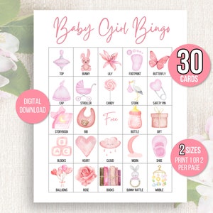 Baby Girl Bingo, 30-Babyparty-Bingokarten, Baby Girl-Dusche druckbares Spiel, Baby Bingo-Spiel, Baby Girl Bingokarten, Baby Sprinkle, Rosa
