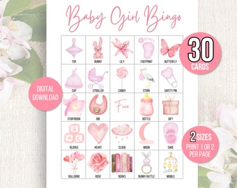 Baby Girl Bingo, 30 Baby Shower Bingo Cards, Baby Girl Shower Printable Game, Baby Bingo Game, Baby Girl Bingo Cards, Baby Sprinkle, Pink