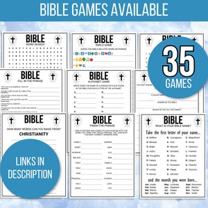 May include: A printable set of 35 Bible-themed games. The games include word searches, fill-in-the-blank, alphabet games, and more. The games are designed to be fun and educational for people of all ages.