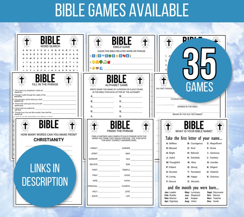 May include: A printable set of 35 Bible-themed games. The games include word searches, fill-in-the-blank, alphabet games, and more. The games are designed to be fun and educational for people of all ages.