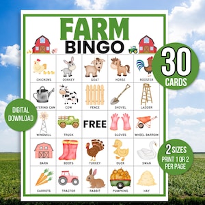 Bingo de granja, 30 tarjetas de bingo de granja para imprimir, bingo de granja, juego de granja, juego de fiesta de granja, actividad de granja, bingo de cumpleaños de granja. Juegos de granja