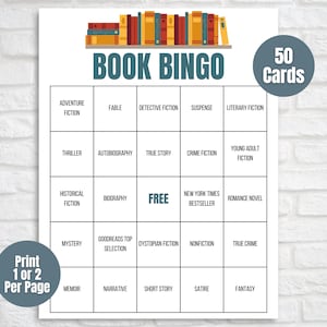 Book Bingo, 50 Book Club Bingo Cards, Book Bingo for Adults, Book Challenge, Book Party, Book Game, Reading Challenge, Reading Tracker Game