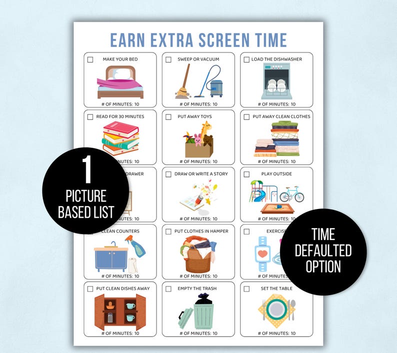 Earn Screen Time, Editable Earn Screen Time Chart, Printable Kids Screen Time Checklist, Editable Screen Time Chart, Screen Time Tracker