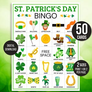 St. Patrick's Day Bingo, 50 St. Patrick's Bingo Cards, St. Patrick's Day Game, St. Paddy's Game for Kids, St. Patrick's Day Party Game