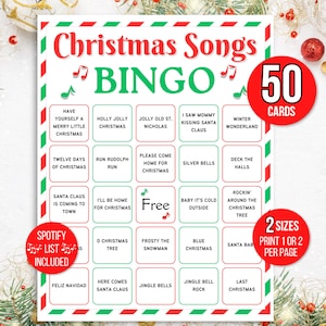 Bingo met kerstliedjes, 50 afdrukbare kerstliedjes, bingokaarten, kerstmuziekbingo, kerstbingo, kerstfeestspel, bingo voor de feestdagen