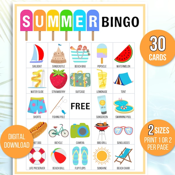 Summer Bingo, 30 Unique Printable Summer Bingo Cards, Summer Game, Summer Activity, Kid's Printable Bingo Game, Summer Bingo Game for Kids