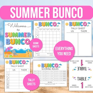 Hoja de puntuación de Bunco de verano, Bunco de verano, Juego de Bunco de verano, Tarjetas de puntuación de Bunco de verano, Reglas del juego de Bunco, Números de mesa de Bunco, Hoja de recuento de Bunco