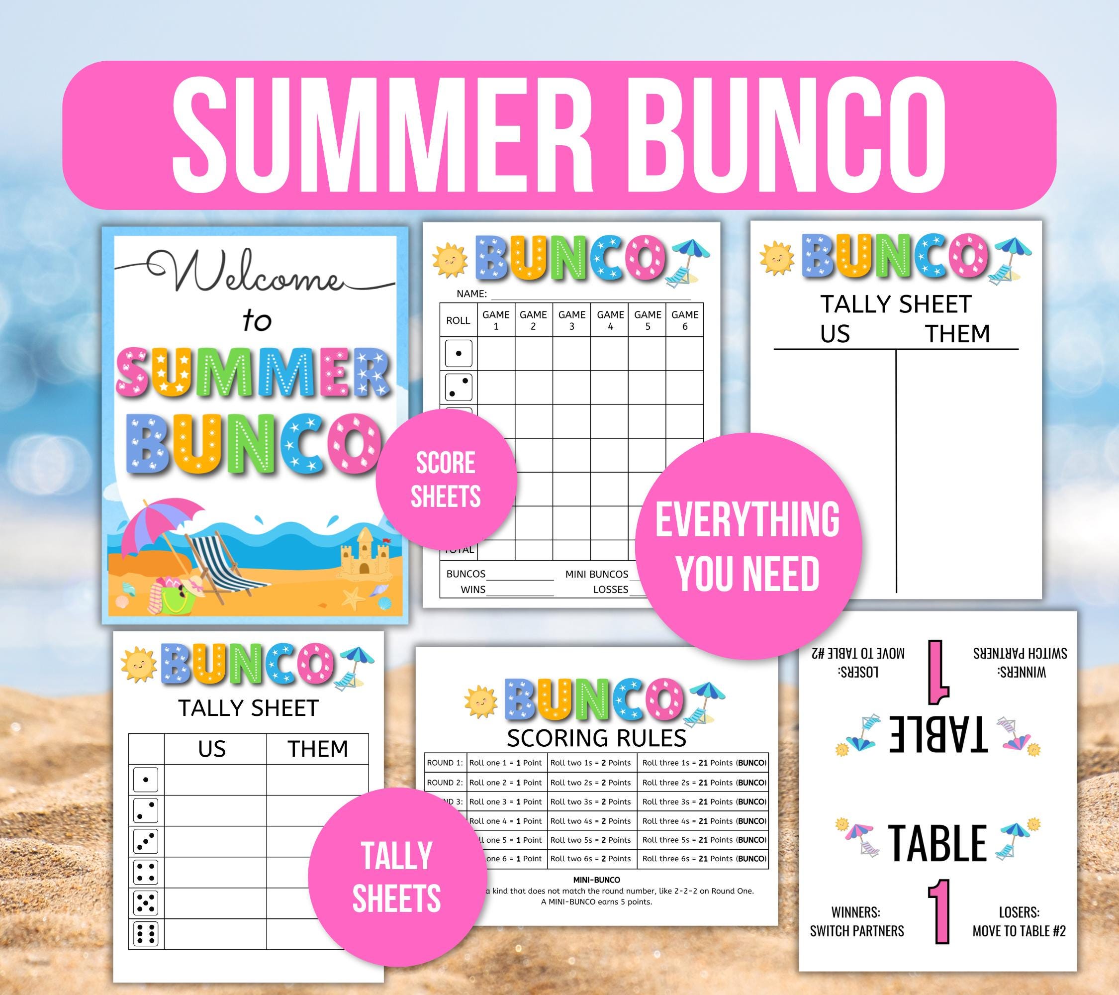 Folha de pontuação do Bunco de verão, Bunco de verão, Jogo Bunco de verão, Placares do Bunco de verão, Regras do jogo Bunco, Números da mesa do Bunco, Folha de contagem do Bunco