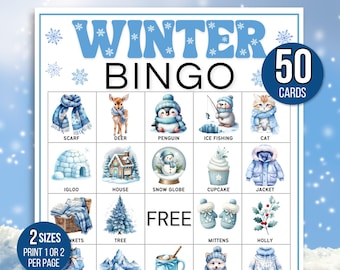 Winter Bingo, 50 Winter Bingo Cards, Winter Games, Winter Activity For Kids, Kids Winter Party Game, Winter Classroom Activity, Winter Game