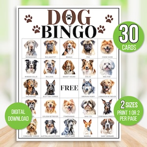 Hunde Bingo, 30 druckbare Hunde Bingo Karten, Hunde Geburtstags Party Spiel, Hunde Party Spiel, Welpen Bingo, Welpen Party Spiele, Geburtstags Party Bingo