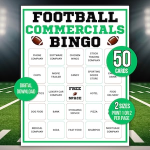 Football Commercials Bingo, 50 Big Game Day Bingo Cards, Football Watch Party Bingo, Football Bingo, Football Game, Bowl Ads Bingo, Game Day