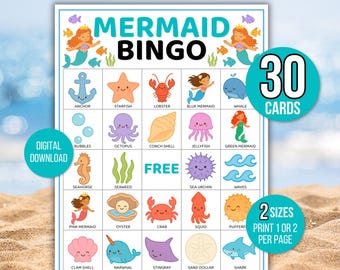 Meerjungfrau Bingo, Einzigartige druckbare Meerjungfrau Bingokarten, Meerjungfrau Spiel, Meerjungfrau Aktivität, Kinder druckbares Bingospiel, Meerjungfrau Bingospiel für Kinder