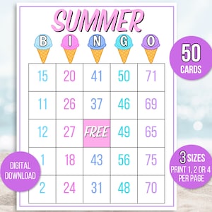 Bingo de verano, 50 tarjetas de bingo de verano, bingo de fiesta de verano, juego de verano, actividad de verano, juego de bingo imprimible para niños, juego de bingo de verano