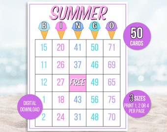 Summer Bingo, 50 Summer Bingo Cards, Summer Party Bingo, Summer Game, Summer Activity, Kid's Printable Bingo Game, Summer Bingo Game