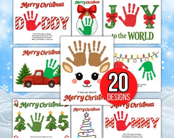 May include: A collection of 20 Christmas-themed designs featuring handprint art. Designs include handprint reindeer, Christmas trees, and messages like "Merry Christmas" and "Joy to the World." The designs are in red, green, and white.