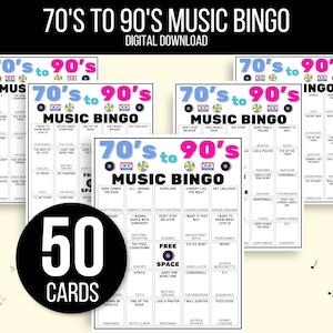 70s, 80s, 90s Music Bingo, Decades of Hits Bingo, 70s to 90s Bingo, 70s Music Bingo, 80s Music Bingo, 90s Music Bingo, 50 Music Bingo Cards
