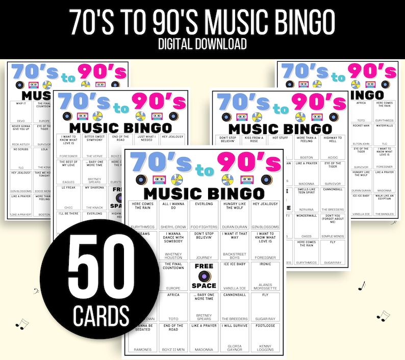 70s, 80s, 90s Music Bingo, Decades of Hits Bingo, 70s to 90s Bingo, 70s Music Bingo, 80s Music Bingo, 90s Music Bingo, 50 Music Bingo Cards