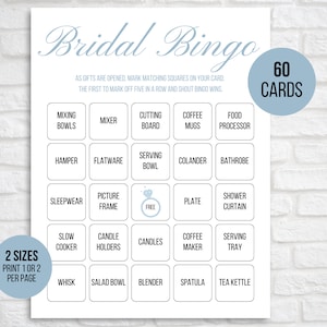 60 tarjetas de bingo nupciales, tarjetas de juego de bingo nupciales precargadas únicas, tarjetas de bingo de regalo nupcial, juego de bingo de despedida de soltera, bingo de bodas, azul
