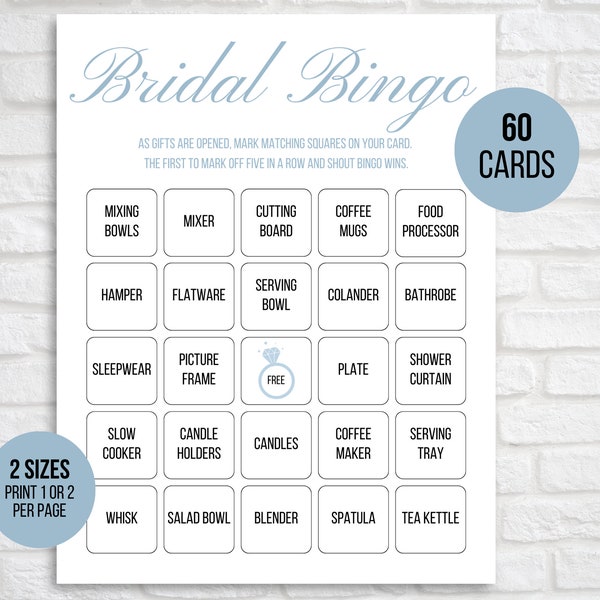 60 Bridal Bingo Cards, Unique Prefilled Bridal Bingo Game Cards, Bridal Gift Bingo Cards, Bridal Shower Bingo Game, Wedding Bingo, Blue