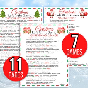 May include: A printable Christmas game set with 11 pages and 7 games. The games are themed around Christmas traditions like decorating a tree, Santa's ride, and Christmas dinner. The games are designed to be played with friends and family. The game instructions are written in a fun and festive style.