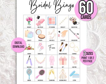 Tarjetas de bingo nupcial, 60 tarjetas de juego de bingo nupcial con imágenes, juego de bingo de despedida de soltera, juego de despedida de soltera, juego de boda para niños, juego de ducha de boda