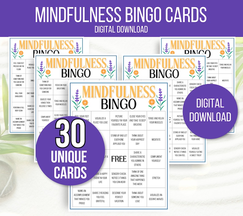 Mindfulness Bingo, 30 Mindfulness Bingo Cards, Gratitude Bingo, Mindfulness Activity, Mindfulness Game, Counseling Activity, Counseling Game