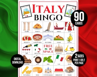 Italy Bingo, 90 Italy Travel Bingo Cards, Travel Bingo, Italian Bingo, Travel Game, Travel Activity, Italy Party Game, Italy Activity