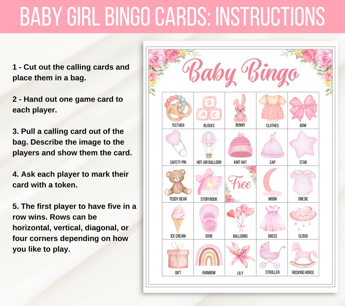 Baby Girl Bingo, 50 Baby Shower Bingo Cards, Baby Girl Shower Printable ...