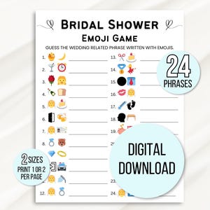 Puede incluir: Un juego de despedida de soltera imprimible con 24 frases relacionadas con la boda escritas en emojis. El juego se titula "Bridal Shower Emoji Game" e incluye instrucciones para "Adivina la frase relacionada con la boda escrita con emojis".