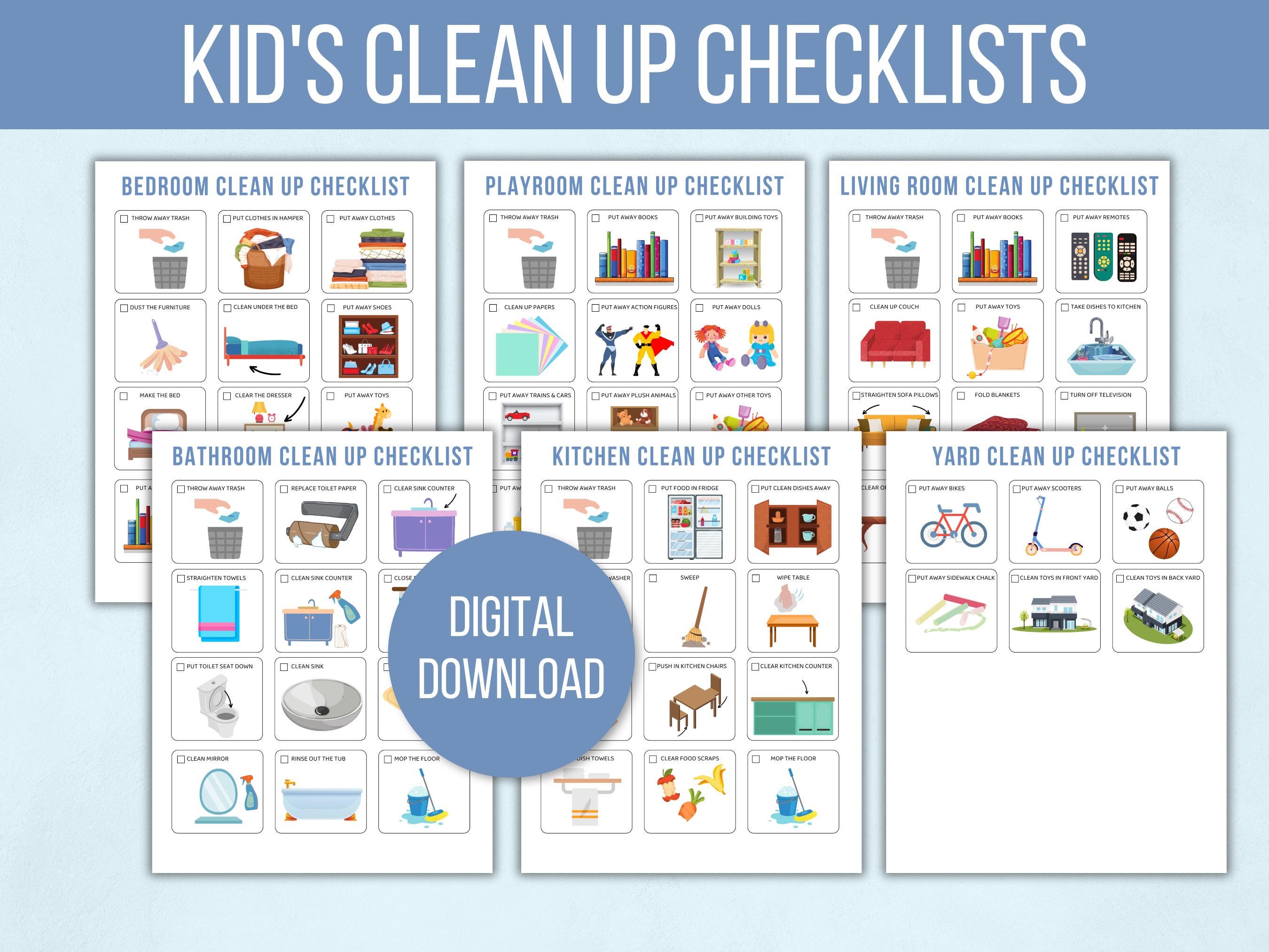 Kids Cleaning Checklist with Pictures, Kids Tidying Checklists, Kids Chore Chart, Kids Chore List, Kids Daily Routines, Kids Weekly Chores