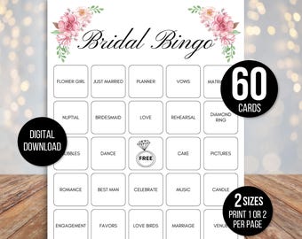 60 Bridal Bingo Cards, Unique Prefilled Bridal Bingo Game Cards, Wedding Bingo Cards, Bridal Shower Bingo Game, Wedding Bingo, Couples Game
