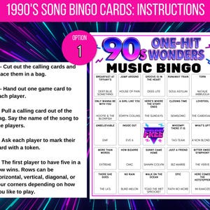 Puede incluir: Una tarjeta de juego de bingo musical de los a&ntilde;os 90 con instrucciones. La tarjeta presenta una cuadr&iacute;cula de t&iacute;tulos de canciones, incluyendo "Breakfast at Tiffany's" y "Torn". Las instrucciones est&aacute;n a la izquierda, y la tarjeta de bingo est&aacute; sobre un fondo morado y azul.