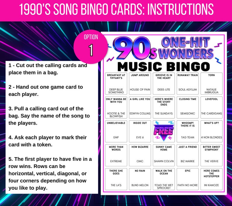Puede incluir: Una tarjeta de juego de bingo musical de los a&ntilde;os 90 con instrucciones. La tarjeta presenta una cuadr&iacute;cula de t&iacute;tulos de canciones, incluyendo "Breakfast at Tiffany's" y "Torn". Las instrucciones est&aacute;n a la izquierda, y la tarjeta de bingo est&aacute; sobre un fondo morado y azul.