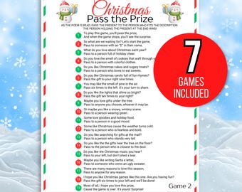 May include: A printable Christmas game card with instructions for a "Pass the Prize" game. The card features a red and green background with a snowman illustration and the text "Christmas Pass the Prize". The game instructions are written in a festive font and include 19 different prompts for passing the prize.