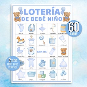 以下が含まれることがあります： 青と白をテーマにしたベビーシャワーゲームカードセット。カードには、テディベア、よだれかけ、哺乳瓶など、赤ちゃん関連のアイテムのイラストが描かれています。「LOTERÍA DE BEBÉ NIÑO」の文字が上部に表示されています。セットには60枚のカードが含まれており、2つのサイズがあります。