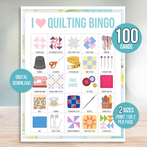 Quiltbingo, 100 afdrukbare quiltbingokaarten, quiltbingo, quiltfeest, quiltspel, quiltbingospel, quiltclubspel, quiltretraite