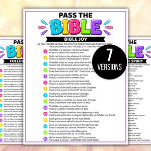 May include: A printable game sheet titled Pass The Bible Bible Joy with colorful bubble letters and fifteen numbered rhyming instructions. A black circular badge on the right side displays the white text 7 VERSIONS. The document features a white background with a purple border and includes various directional prompts for group play.