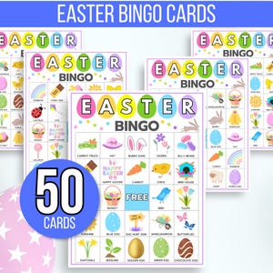 Easter Bingo, 50 Printable Easter Bingo Cards, Easter Activity For Kids, Kids Easter Party Game, Easter Classroom Activity, Easter Game