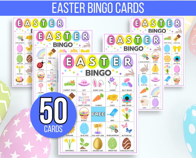 Easter Bingo, 50 Printable Easter Bingo Cards, Easter Activity For Kids, Kids Easter Party Game, Easter Classroom Activity, Easter Game